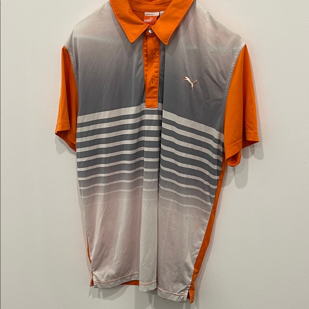 Puma Men's Orange and Gray Striped Polo